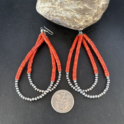 Southwestern Coral Heishi Bead Earrings | Sterling Silver | 3.5" | 14425
