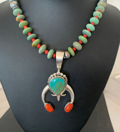 Navajo Royston Turquoise Coral Naja Pendant Necklace | Authentic Native American Sterling Silver | Naja | 1402