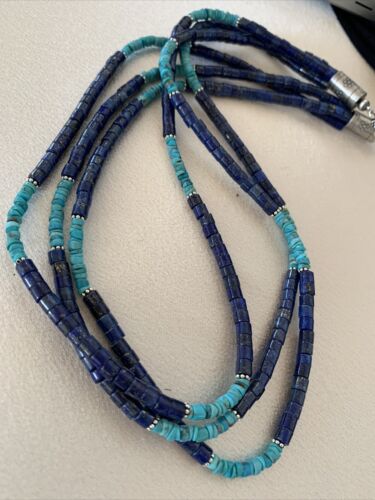 Navajo Lapis & Turquoise 3 Strand Necklace | Sterling Silver | 21" | Authentic Native American Handmade | 01011