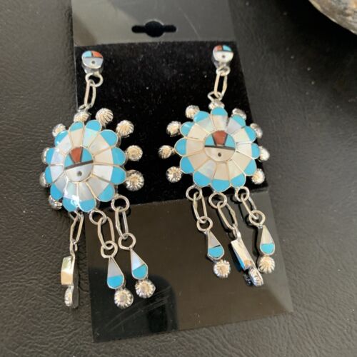 Zuni Sun Face Kingman Turquoise White Mother of Pearl Dangle Earrings | Sterling Silver | 12125