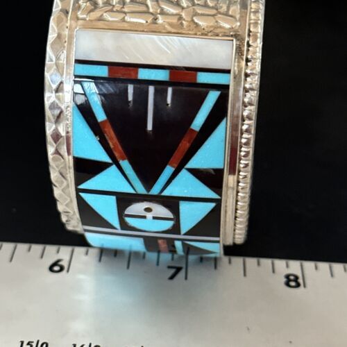 Zuni Sun Face Cuff Bracelet | Blue Turquoise & Coral Inlay | Sterling Silver | 14587