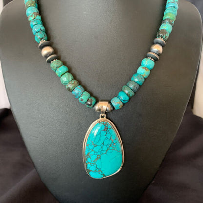 Navajo Pearls Spiderweb Beads Turquoise Necklace Pendant | Sterling Silver | Authentic Native American Handmade | 832