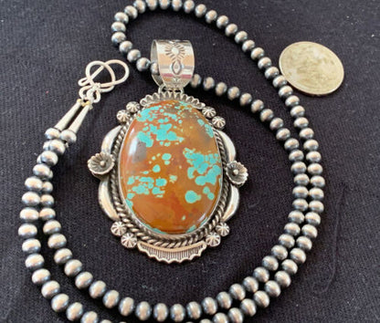 Men's Navajo Pearls Necklace Pendant | Sterling Silver | Blue Turquoise #8 | Authentic Native American Handmade | 00527
