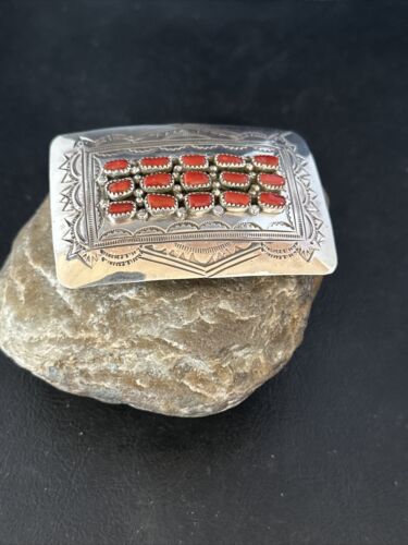 Navajo Red Coral Belt Buckle Concho | Sterling Silver | Authentic Native American Handmade | 14797