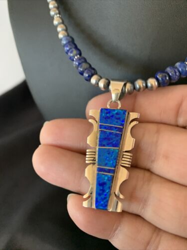 Navajo Pearls Necklace Blue Lapis Opal Inlay Pendant | Sterling Silver | Native American Handmade | 11804