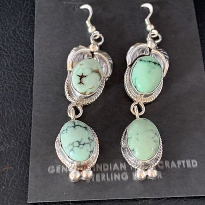 Navajo Green Spiderweb Turquoise Dangle Earrings | Sterling Silver | Authentic Native American Handmade | 13551