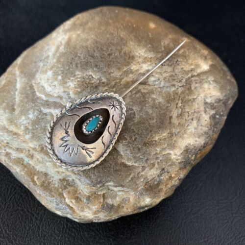 Old Pawn Navajo Hair Pin | Sterling Silver Blue Turquoise | 2.5" | Authentic Native American Handmade | 13729