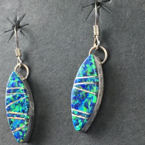 Navajo Blue Opal Inlay Turquoise Earrings | Sterling Silver | Authentic Native American Handmade | 2011