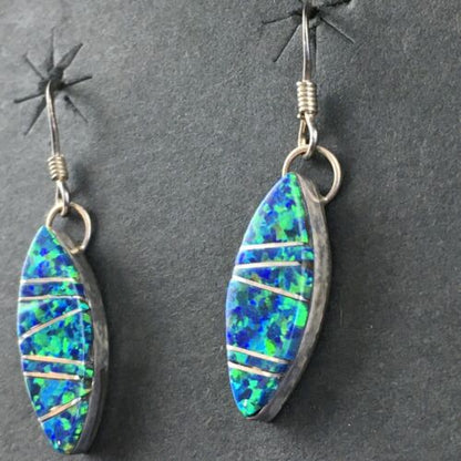 Navajo Blue Opal Inlay Turquoise Earrings | Sterling Silver | Authentic Native American Handmade | 2011