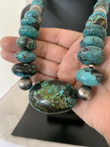 Navajo Pearl Graduated Sterling Silver Natural Blue Turquoise Necklace | Authentic Native American | 22" | 00706