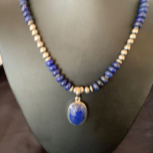 Navajo Sterling Silver Bead Necklace | Lapis Lazuli Faceted Pendant | Authentic Native American Handmade | 11367