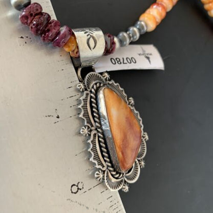 Navajo Sterling Silver Necklace | Orange Purple Spiny Oyster Pendant | 00780