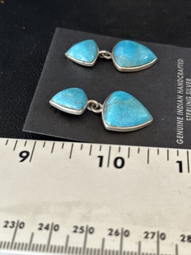 Navajo Blue Turquoise Dangle Earrings | Sterling Silver | 1" | Authentic Native American Handmade | 14771