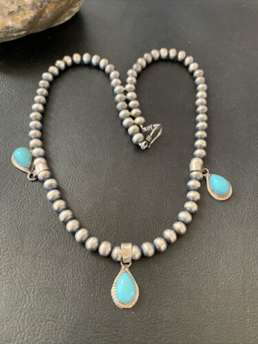 Navajo Handmade Sterling Silver Turquoise Necklace | 3 Teardrop Pendants | Authentic Native American | 1952