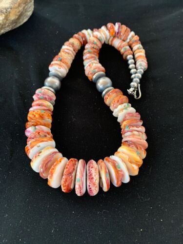 Authentic Native American Red Spiny Oyster & Navajo Pearls Necklace | Sterling Silver | 20" | 3243
