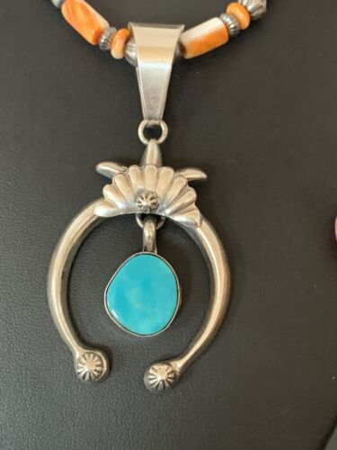 Sterling Blue Turquoise Naja Pendant | Navajo Pearls Spiny Oyster Necklace | Southwestern | 00262
