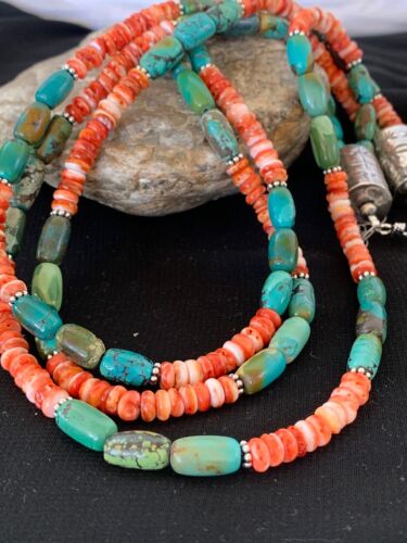 Navajo Green Turquoise Spiny Necklace Set | Sterling Silver | Authentic Native American Handmade | 2979