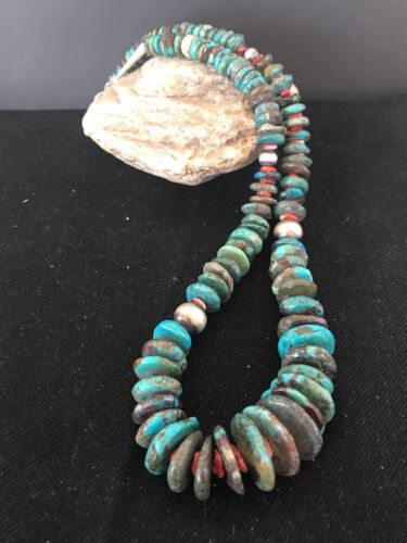 Navajo Blue Turquoise & Spiny Oyster Necklace | Sterling Silver | Authentic Native American | 24" | 202