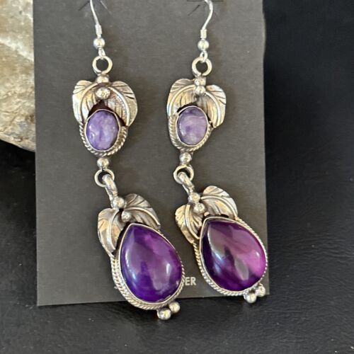 Navajo Purple Sugilite Dangle Earrings | Sterling Silver | 2" | Authentic Native American Handmade | 14401