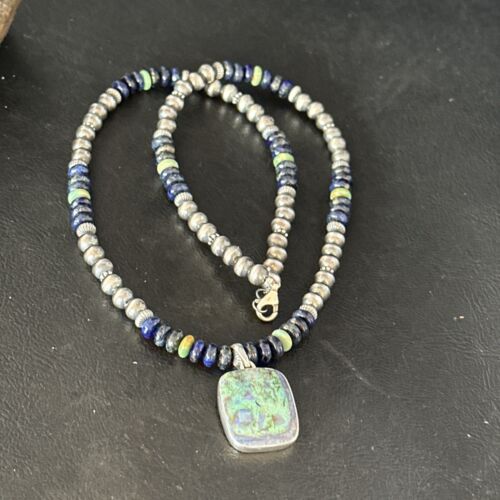 Navajo Green Turquoise Lapis Necklace with Opal Pendant | Sterling Silver | Native American Handmade | 14369