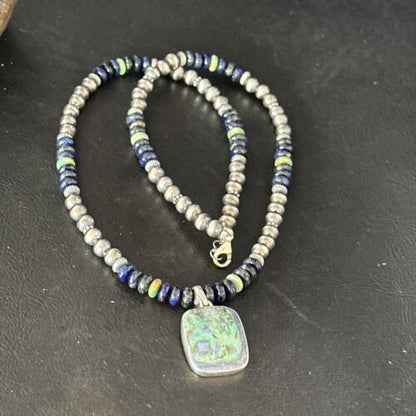 Navajo Green Turquoise Lapis Necklace with Opal Pendant | Sterling Silver | Native American Handmade | 14369
