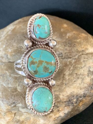 Navajo Sterling Silver Blue Turquoise Ring | 3-Stone | Sz 9 | Native American Handmade | 13615