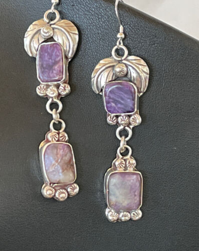 Navajo Purple Charoite Dangle Earrings | Sterling Silver | Authentic Native American Handmade | 01225