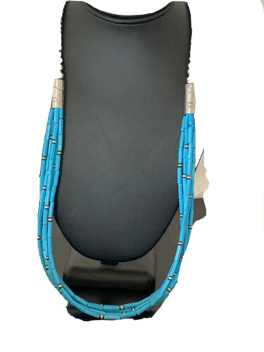 Southwestern Sterling Silver Blue Tube Turquoise Necklace | 5-Strand | 29" | 00830