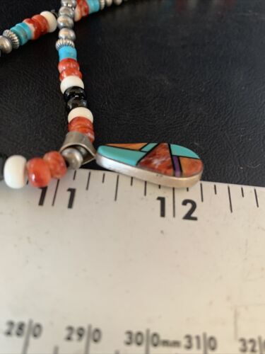 Navajo Multi-Color Turquoise Onyx Inlay Pendant Necklace | Sterling Silver | Authentic Native American Handmade | 13799