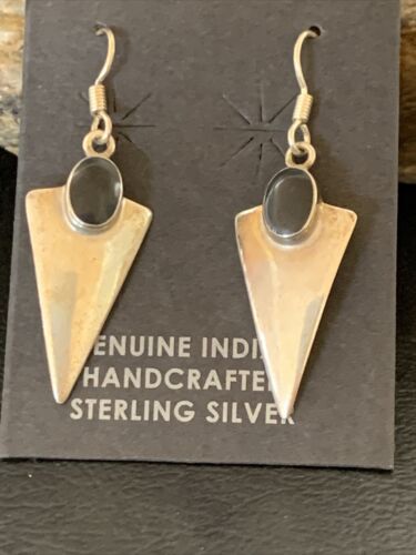 Navajo Black Onyx Drop Dangle Earrings | Sterling Silver | 1" | Authentic Native American Handmade | 12645