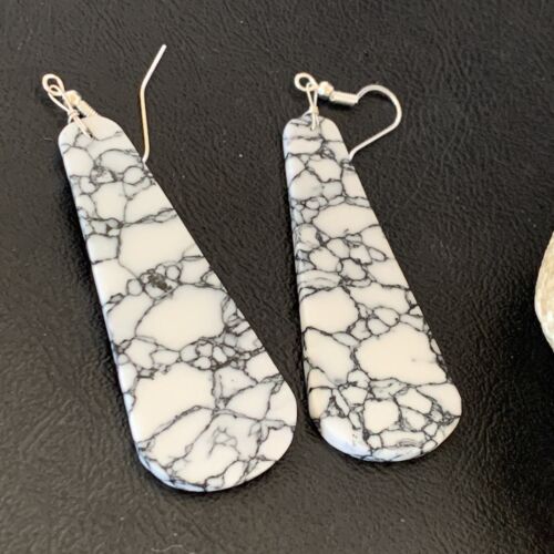 Navajo White Buffalo Turquoise Dangle Earrings | Sterling Silver | 2" | Authentic Native American Handmade | 11751