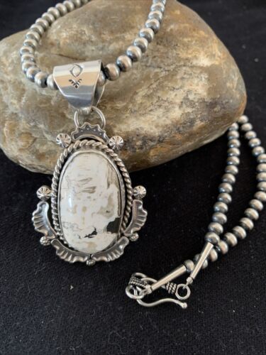 Navajo White Turquoise Buffalo Pendant Necklace | Sterling Silver | Authentic Native American Handmade | 1369