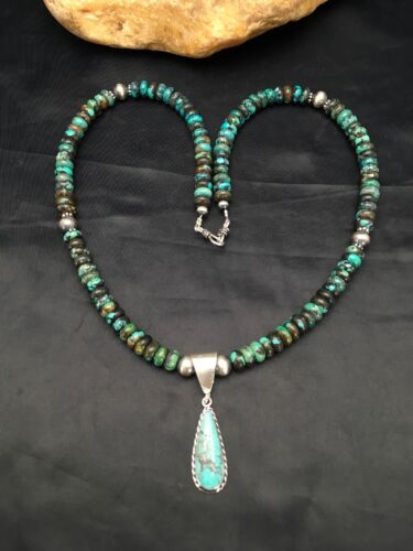 Navajo Spiderweb Turquoise Bead Necklace Pendant | Sterling Silver | Authentic Native American Handmade | 2796