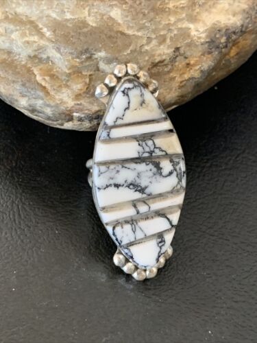 Navajo White Buffalo Turquoise Inlay Ring | Sterling Silver | Sz 9 | Authentic Native American Handmade | 12173