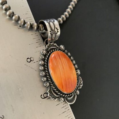 Navajo Pearls Orange Spiny Oyster Necklace Pendant | Sterling Silver | Authentic Native American Handmade | 11301