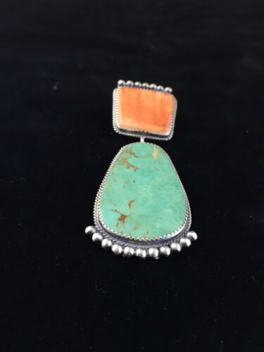 Navajo Blue Turquoise & Spiny Oyster Necklace Pendant | Sterling Silver | Native American Handmade | 10065