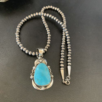 Men's Navajo Pearls Necklace with Blue Kingman Turquoise Pendant | Sterling Silver | Native American Handmade | 12599 - Masha USA