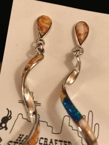 Navajo Snake Swirl Spiny Opal Inlay Sterling Silver Earrings | Long 3.25" Dangle | Southwestern Native American | 1059