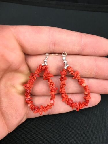 Native American Sterling Silver Navajo Red Coral Earrings | 2" | 1086