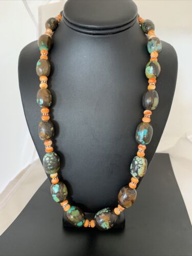 Navajo Green Turquoise & Orange Spiny Oyster Necklace | Sterling Silver | 23" | Authentic Native American Handmade | 1846