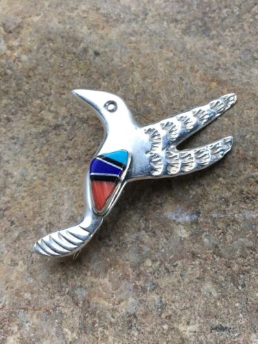 Turquoise, Lapis & Coral Hummingbird Inlay Pin | Navajo Sterling Silver | Authentic Native American Jewelry | 2900