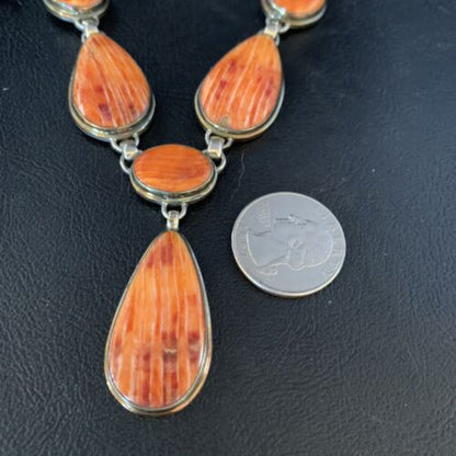 Navajo Lariat Necklace with Orange Spiny Oyster Earrings | Sterling Silver Pendant | 20" | Authentic Native American Handmade | 13882