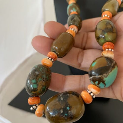 Navajo Green Turquoise & Orange Spiny Oyster Necklace | Sterling Silver | 23" | Authentic Native American Handmade | 1848