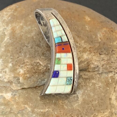 Navajo White Opal Coral Corn Inlay Pendant | Sterling Silver | Authentic Native American Handmade | 1172