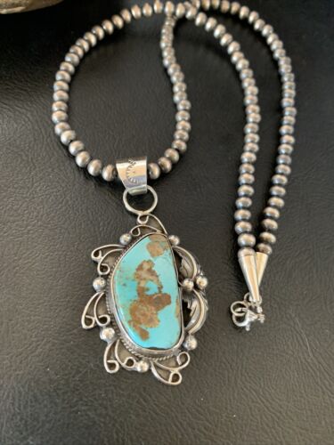 Men's Navajo Blue Dry Creek Turquoise Pendant | Sterling Silver | Pearl Necklace | Native American | 12973