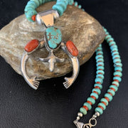 Navajo Sterling Silver Necklace | Blue Turquoise & Coral Naja Pendant | Authentic Native American Handmade | 13747