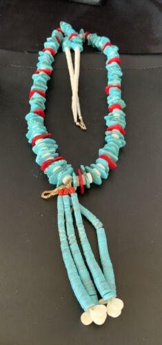 Native American Santo Domingo Blue Turquoise Red Coral Nugget Bead Jacla Necklace | 34" | 13197