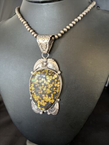 Navajo Green Spiderweb Turquoise Pendant Necklace | Sterling Silver Beads | Authentic Native American Handmade | 14806