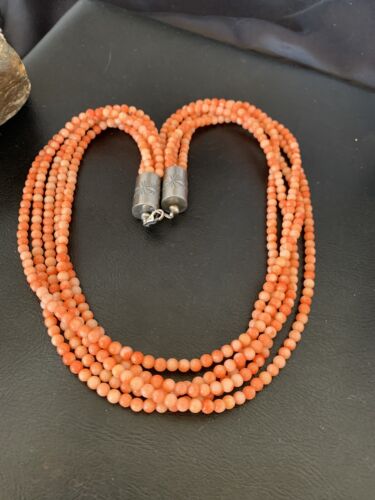 Southwestern Navajo Pink Coral Bead Necklace | 5 Strand | Sterling Silver | 22" | 12509 - Masha USA