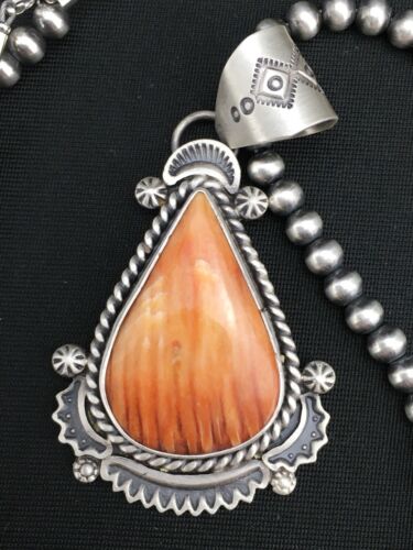 Navajo Orange Spiny Oyster Pendant Necklace | Sterling Silver Pearls | Authentic Native American Handmade | 4883